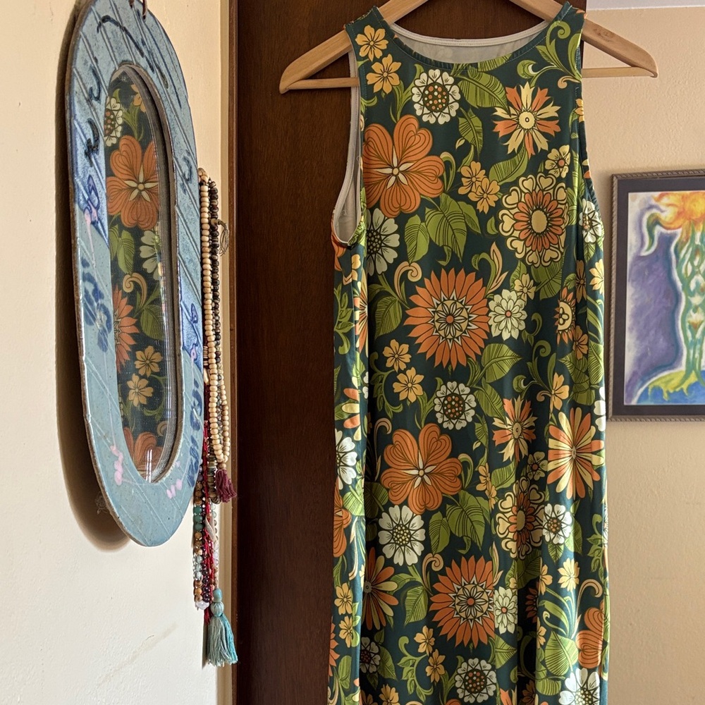 70s Style Floral Sleeveless Dress - Green and Orange